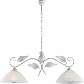 Żyrandol z białego lakierowanego żelaza, zdobienie antyczne srebro, klosze alabastrowe Ø30 cm, 2 światła, 96x30 cm