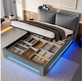 Łóżko ze schowkiem 140x190 cm - Łóżko dla dorosłych z portem USB i oświetleniem LED - szary len - materac nie jest wliczony w cenę