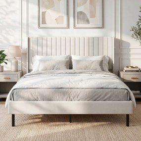 HOMCOM Rama łóżka 140 x 200 cm z regulowanym wezgłowiem, łóżko tapicerowane z 12 listwami, beżowe | Aosom PL
