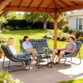 Outsunny Zestaw Mebli Ogrodowych dla 4 Osób, 2 Krzesła, 1 Sofa Dwuosobowa, 1 Stolik z Szkłem, Grube Poduszki, Stalowa Rama, na Taras, Szary