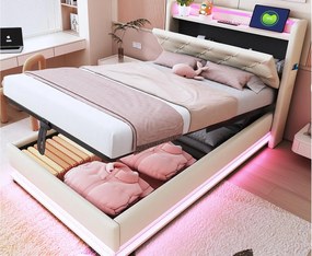 Tapicerowane łóżko dziecięce z pojemnikiem 90x200 cm – z oświetleniem LED – z portem USB – otwierane wezgłowie – len – beżowe