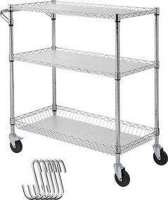 Wózek Kuchenny, SucceBuy 3-Poziomowy Wózek Narzędziowy z Kółkami 89 × 46 × 90 cm 300 kg 6 Haczyków