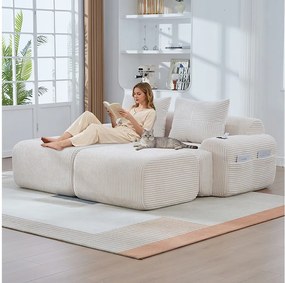 Sofa modułowa 2-osobowa - 200 x 174 x 80 cm - z 2 pufami + uchwytami na kubki + kieszenią do przechowywania - aksamitna - beżowa