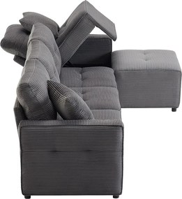 Nowoczesna kanapa z żebrowanego weluru - miejsce do przechowywania pod spodem - z wolnoporuszającym się podnóżkiem - Szary