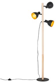 Lampa podłogowa rustykalna czarna z drewnem 3-światłowa - Flint Rustykalny / Vintage Oswietlenie wewnetrzne