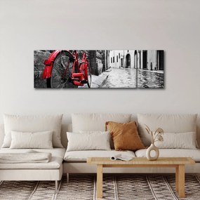 Obraz czerwonego roweru na brukowanej uliczce (170x50 cm)