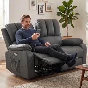 HOMCOM Dwuosobowa elektryczna sofa relaksacyjna z Leathaire, funkcją masażu i ogrzewania, 2 piloty, złącza USB/USB‑C | Aosom PL