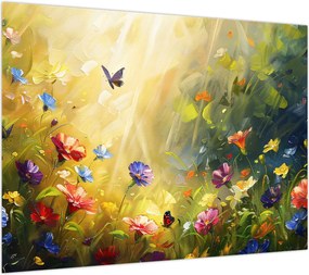 Obraz na szkle - Wiosenna łąka kwiatowa, malarstwo (70x50 cm)