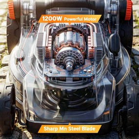 Outsunny Elektryczna kosiarka 1200 W z szerokością cięcia 34 cm, koszem na trawę o pojemności 35 litrów, funkcją mulczowania, 6 wysokościami cięcia, regulowanym uchwytem | Aosom PL