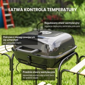 Outsunny Grill węglowy ze stali, przenośny, z zamykaną pokrywą, rusztem, kółkami i półkami, 98 x 54 x 91 cm, czarny | Aosom PL