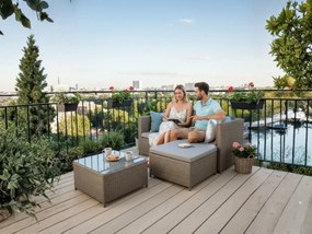 Zestaw mebli balkonowych z technorattanu (Sofa, 2 x pufa + stolik) TINTO szary