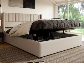 Łóżko ze schowkiem 180 x 200 cm - tkanina lniana - stelaż listwowy - beż