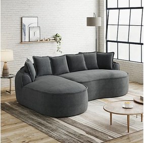 Canapé d'angle gauche modulable en tissu chenille, avec méridienne et coussins, 252x164x67cm, Gris