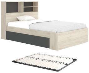 Łóżko 120 x 190 cm ze skrzynią  - Kolor: Naturalny i antracyt + Stelaż - VARDIEL