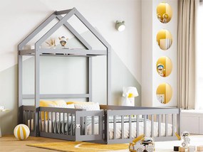 Łóżko dziecięce kabinowe z barierkami i drzwiami, 90 x 200 cm, lite drewno, schowek, lakierowane na szaro