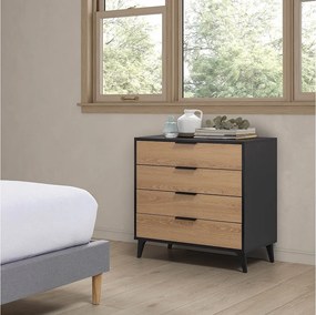 Szafka nocna z czterema szufladami Kalma w kolorze czarno/dębowym.