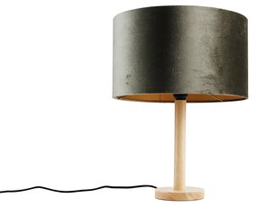 Lampa stołowa drewniana z aksamitnym abażurem zielonym 35 cm - Mels klasyczny/Antyczny Oswietlenie wewnetrzne