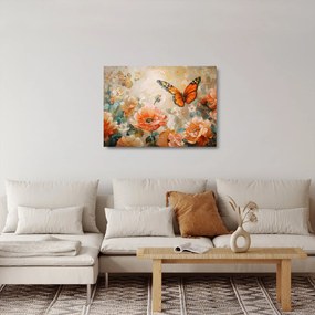 Obraz na szkle - Motyl i kwiaty, obraz olejny (70x50 cm)