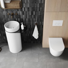 Zestaw łazienkowy z umywalką RONA z półką, miską wc, stelażem i przyciskiem | Różne kolory : Kolor zestawu - Biały mat, Podłączenie syfonu - Do podłogi