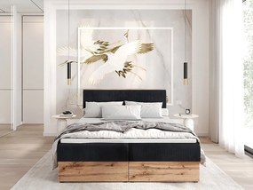 Łóżko kontynentalne TILIA-140x200cm Pojemniki na pościel|Topper|Łóżko podwójne|Materac bonellowy|Tkanina sztruksowa|Łóżko tapicerowane|Płyta Wotan-Czarny
