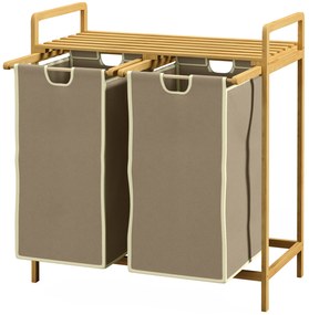 HOMCOM Kosz na bieliznę z 2 workami na pranie, 1 półką, bambus, 63,5 cm x 33 cm x 73 cm, Jasnoszary + Naturalny