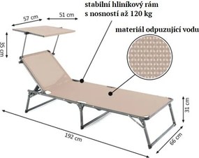 Leżak składany DIVERO z daszkiem, XXL, beżowy