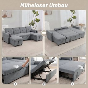HOMCOM Narożnik z funkcją spania i pojemnikiem na pościel U-kształtny 4-osobowa sofa z szezlongiem, regulowane oparcie, tkanina o wyglądzie lnu | Aosom PL
