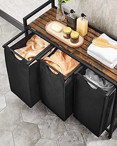 Kosz na bieliznę z półką BERGEN, 3x38l, czarny/brązowy SongmicsHome