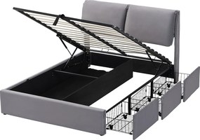 Łóżko z weluru - 140x200cm - z 3 szufladami - Szare (bez materaca)