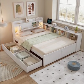 Łóżko dwuosobowe ze schowkiem - 140 x 200 cm - wezgłowie ze schowkiem + 2 lampki - szafki boczne + szuflada - płyta wiórowa + MDF - białe