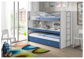 Biało-niebieskie piętrowe łóżko dziecięce z wysuwanym łóżkiem, schowkiem i stelażem 90x200 cm Bonny – Vipack