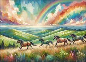 Obraz na szkle – Konie galopujące przez krajobraz (70x50 cm)