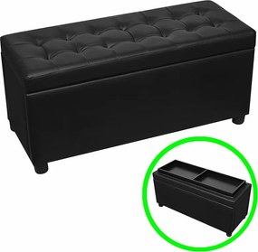 Czarny puf do przechowywania z ekoskóry z siedziskiem, stolikiem kawowym i dużą komorą