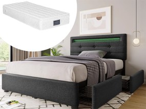 Łóżko 90 x 200 cm - tkanina lniana - LED - szare + materac