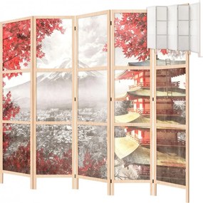 Parawan pokojowy 5-częściowy 225x172 drewniany japoński Jednostronny dekoracyjny japandi vintage Szary Fuji I Pagoda
