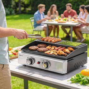 Outsunny Grill gazowy 5 kW przenośny stołowy z 2 palnikami, ceramiczną powłoką i rusztem podgrzewającym | Aosom PL
