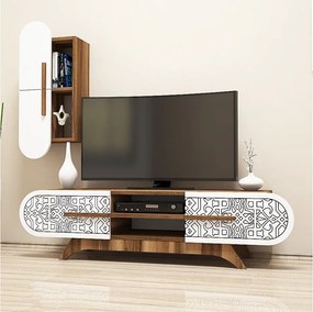 Nowoczesna szafka pod TV – 145 x 37 x 35 cm – orzech i biel – melamina