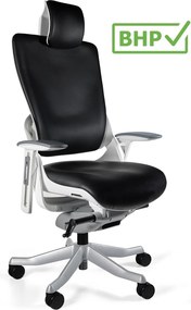 Fotel ergonomiczny Wau 2, zgodny z normą BHP, biały / czarna skóra naturalna
