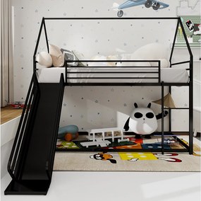 Łóżko piętrowe 90 x 190 cm - łóżko dziecięce z drabinką i zjeżdżalnią - czarny metal - bez materaca