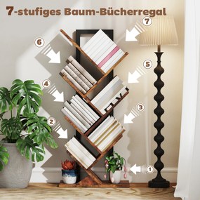 HOMCOM Regał na książki z 7 półkami w formie drzewa do biura, rustykalny brąz