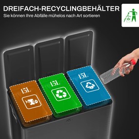 HOMCOM Kosz na śmieci z 3 komorami 15L, pokrywy z odświeżaczem, odporny na odciski palców, ciche zamykanie, wyjmowane, Czarny
