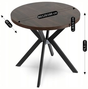 Stół Okrągły Rozkładany DORIAN 80-160 cm Orzech/Czarny Nowoczesny Loft
