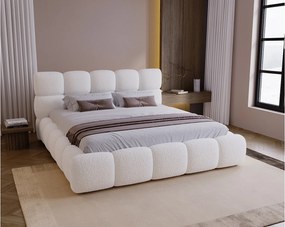 BESILIO Łóżko z grubej pianki 140x200 boucle Boston - łóżko z pojemnikiem i stelażem - Biały