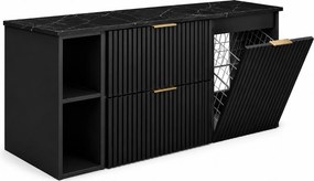 Zestaw szafek łazienkowych z koszem na pranie, Czarny / Blat Marmur Black Royal / Uchwyty Złote, 120 x 57 x 46 cm