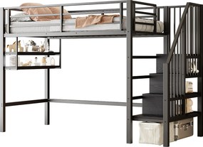 Łóżko piętrowe dla dzieci - 90 x 200 cm - z półkami i drabinką - metal + MDF - czarne