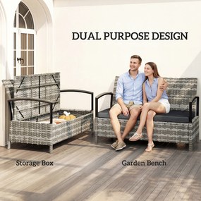 Outsunny Ławka ogrodowa ze schowkiem, 2-osobowa, z poduszką, pojemnik 125L, rattan PE, 123 x 70 x 82 cm, ciemnoszara | Aosom PL