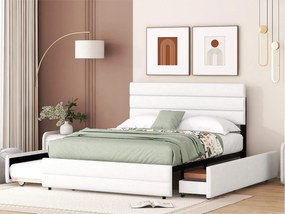 Łóżko dwuosobowe 140x200cm z tkaniny lnianej - z łóżkiem wysuwanym 90x190cm i 2 szufladami - regulowane wezgłowie - Białe