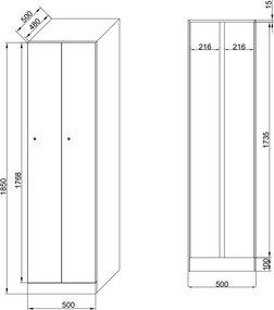 Szafka ubraniowa S1 wąska, 2-drzwiowa, 1850 x 500 x 500 mm, zamek obrotowy, drzwi laminowane, orzech