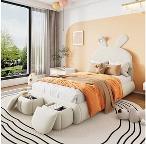 Łóżko jednoosobowe 90x200 cm - Łóżko dziecięce z dwiema ławkami ze schowkiem i ciepłą taśmą świetlną - beżowy aksamit - bez materaca