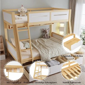 Łóżko piętrowe dla dzieci - 90 x 200 cm + 120 x 200 cm - z 3 szufladami + barierka - sosna + MDF - białe + naturalne